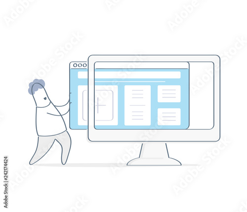 New website template launch, ux ui design updates, changing website design. Outline cartoon man uploading new website theme to computer monitor display
