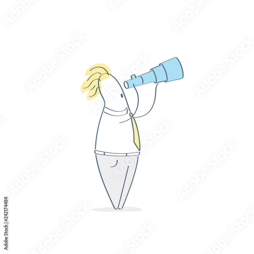 Cartoon businessman looking through spyglass or telescope, looking for success, opportunities, future business trends, business strategy
