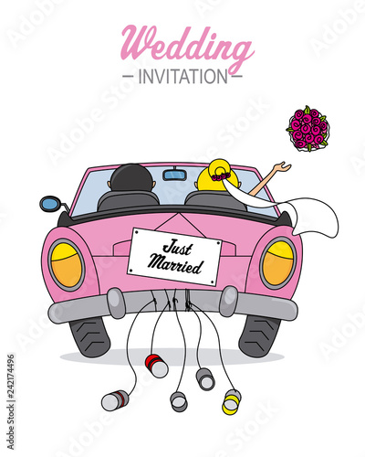 wedding card. Newlyweds go by car. 