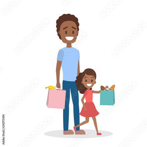 Father and daughter going with bags full of food