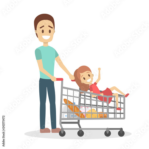 Father and daughter going with bags full of food