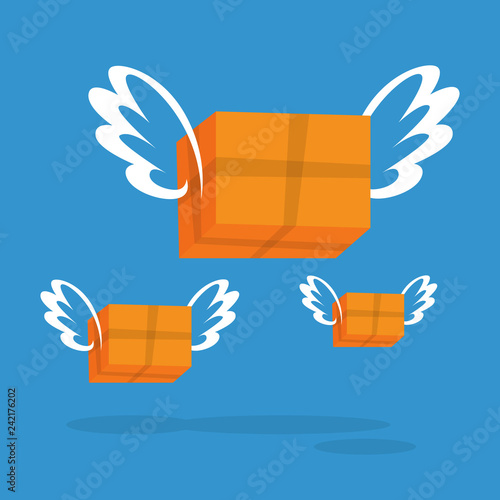 Fast delivery concept. A box container flying