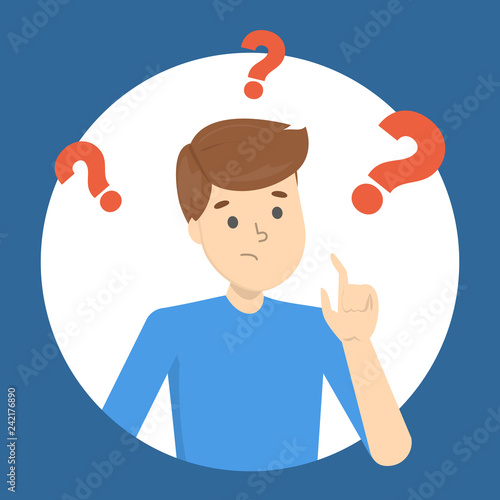 Man in confusion and question mark around.
