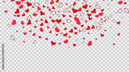 Red on Transparent background Vector. Red hearts of confetti are flying. Light background. Design element for wallpaper, textiles, packaging, printing, holiday invitation for wedding.