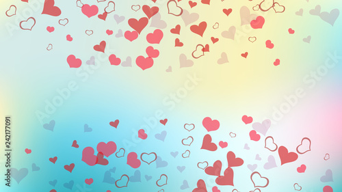 Red hearts of confetti are falling. Stylish background. Red on Gradient fond Vector. Part of the design of wallpaper, textiles, packaging, printing, holiday invitation for wedding.