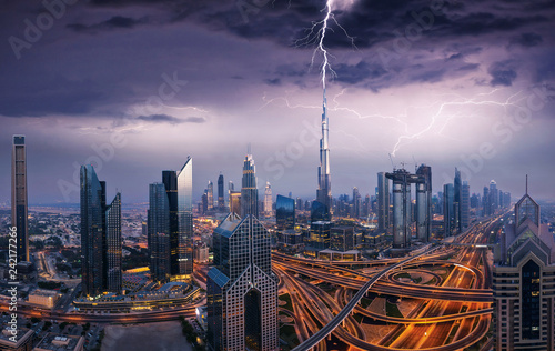 Photography Dramatic Dubai view of downtown with lightning