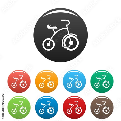 Girl tricycle icons set 9 color vector isolated on white for any design