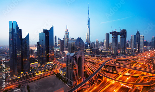 Dubai sunset panoramic view of downtown
