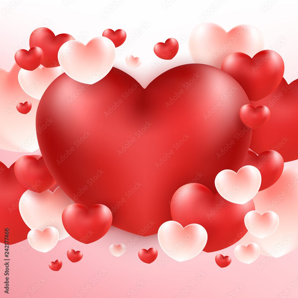 Big red heart on bunch heart balloons background.