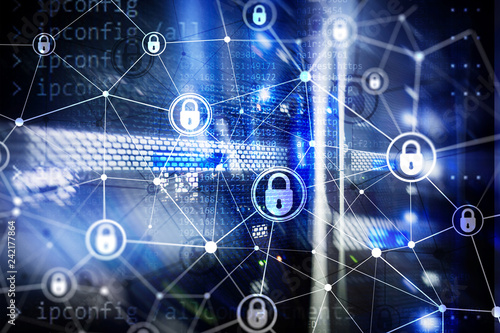 Cyber security, information privacy, data protection concept on modern server room background. Internet and digital technology concept