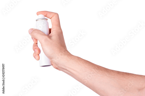mans hand holding an spray isolated on white background