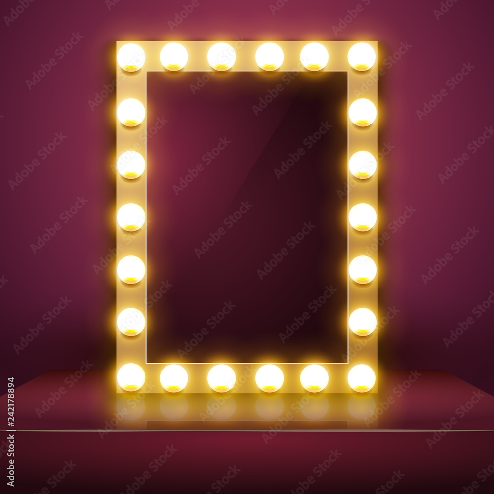 Make up mirror with light. Vector artist dressing room. Make-up mirror