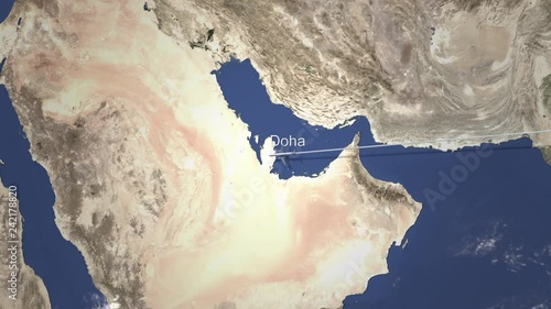 Wallpaper Mural Route of a commercial plane flying to Doha, Qatar on the map, 3D animation  Torontodigital.ca