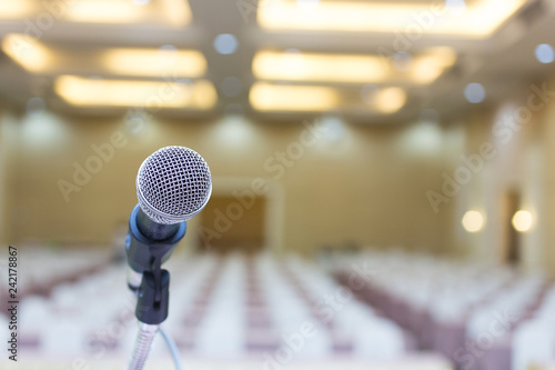 Close up. Microphone in conference hall. Selective focus.