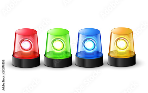 Red green blue and yellow flashing police beacon alarm. Police light siren emergency equipment. Danger flash ambulance beacon