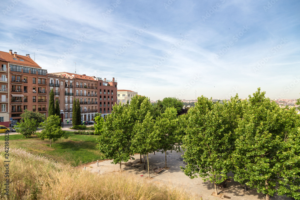 Madrid, Spain. View of the park (Parque de la Cornisa) near the monastery of San Francisco.