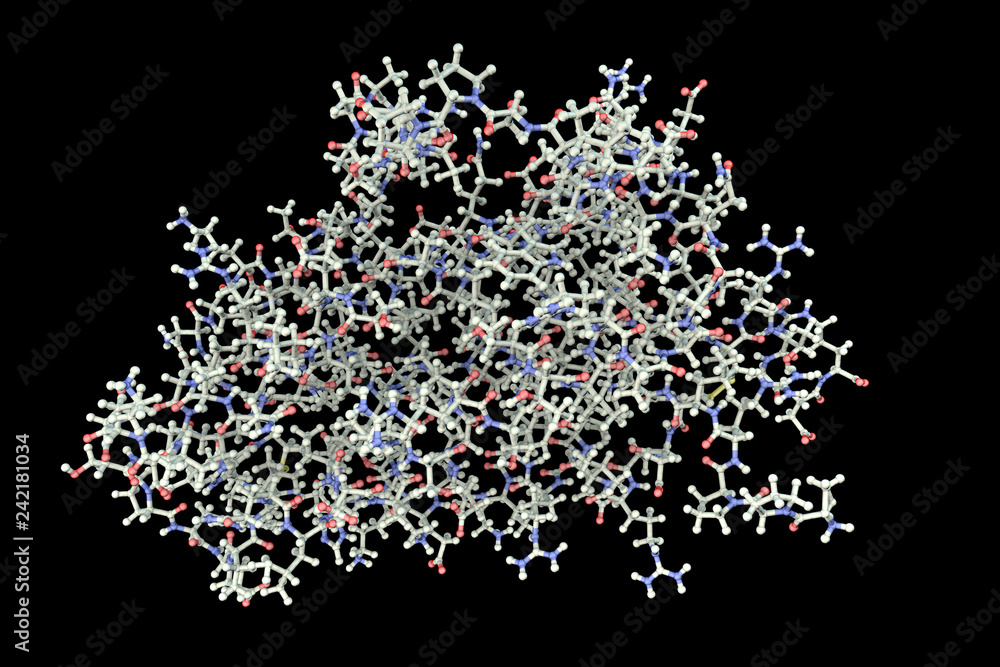Molecule of human erythropoietin, 3D illustration. Also known as hematopoietin or hemopoietin, a cytokin secreted by kidney and stimulating red blood cell production Molecule of human erythropoietin, 3D illustration. Also known as hematopoietin or hemopoietin, a cytokin secreted by kidney and stimulating red blood cell production