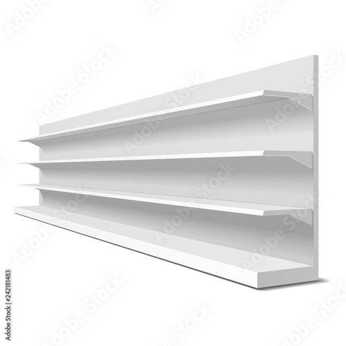 Blank Empty Showcase Display With Retail Shelves. 3D. Side View. Mock Up, Template. Illustration Isolated On White Background. Ready For Your Design. Product Advertising. Vector EPS10