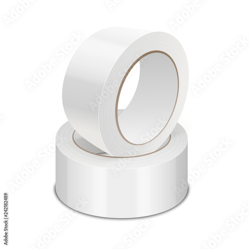 Vector Realistic White 3d Glossy Tape Roll Template for Logo, Print, Mock-up Set Closeup Isolated on White Background. Design Template of Packaging Sticky Tape Roll or Adhesive Tape for Mockup