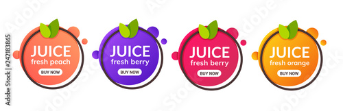 Juice fresh fruit label icon. Orange, lemon, berry, peach healthy juice design sticker