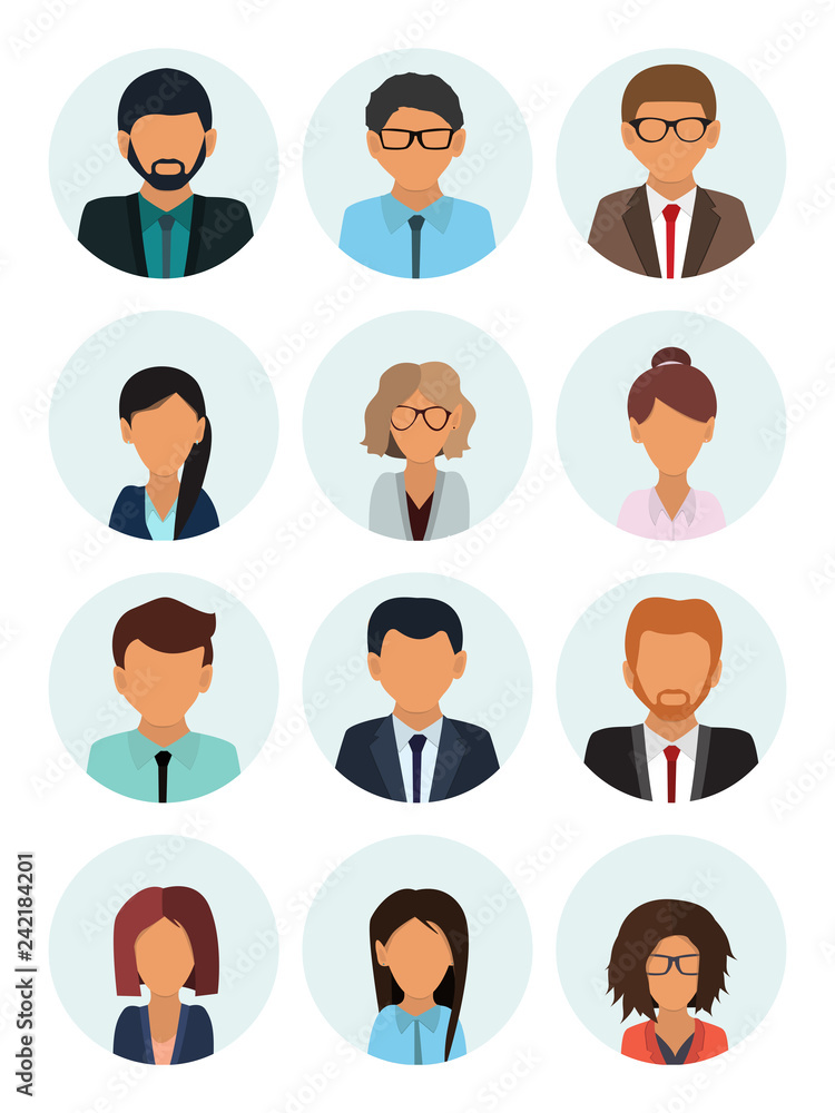 Male and female faces avatars. Businessman and businesswoman avatar icons. Team icons collection. Flat vector icons set. Vector illustration Male and female faces avatars. Businessman and businesswoman avatar icons. Team icons collection. Flat vector icons set. Vector illustration