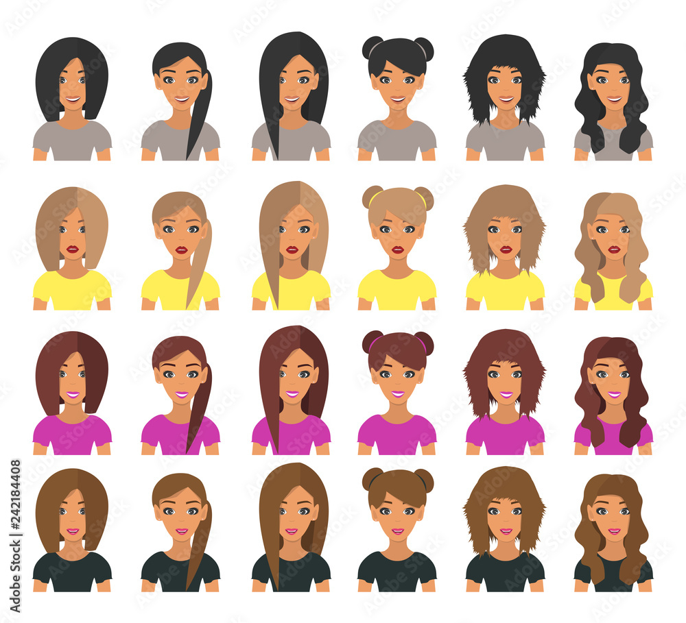 Set of woman avatars with different hair style. Beautiful young woman with different hairstyles. Short hair and long hair brunette, blonde, light brown and chestnut hair . Vector illustration Set of woman avatars with different hair style. Beautiful young woman with different hairstyles. Short hair and long hair brunette, blonde, light brown and chestnut hair . Vector illustration
