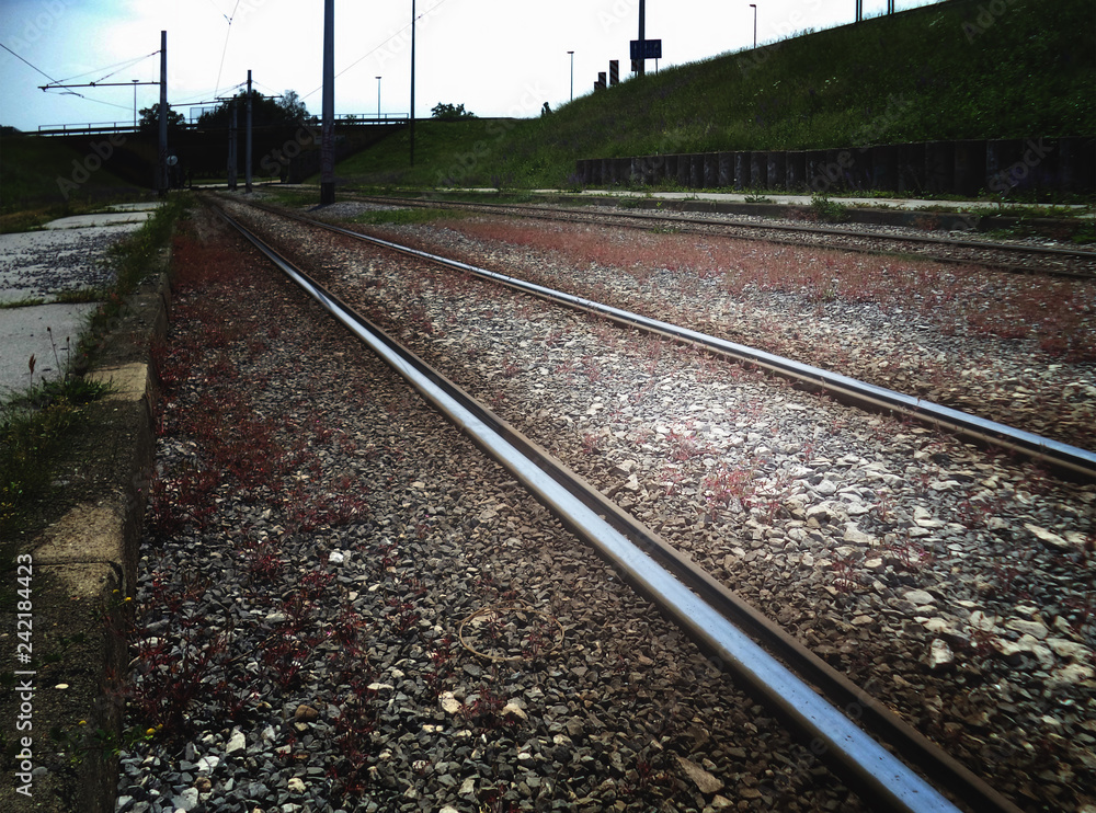 Fototapeta premium Tramway rails, blurred image.