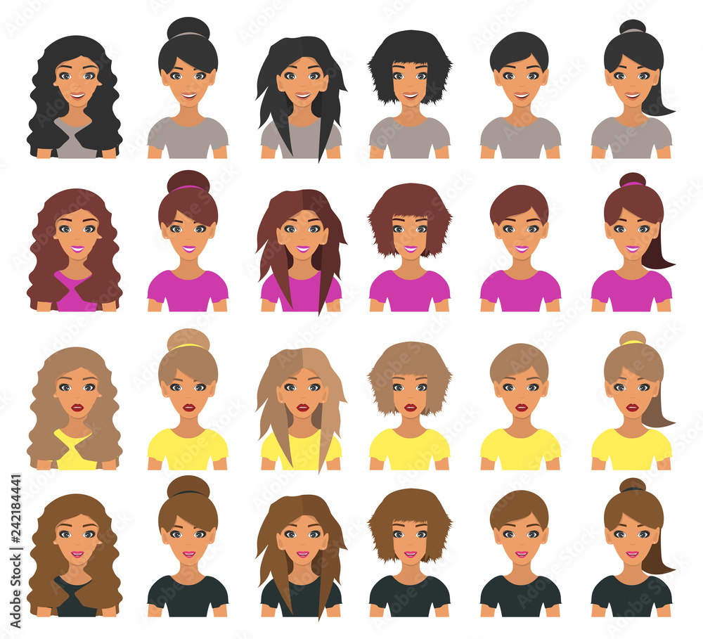 Set of woman avatars with different hair style. Beautiful young woman with different hairstyles. Short hair and long hair brunette, blonde, light brown and chestnut hair . Vector illustration Set of woman avatars with different hair style. Beautiful young woman with different hairstyles. Short hair and long hair brunette, blonde, light brown and chestnut hair . Vector illustration