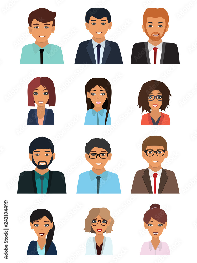 Male and female faces avatars. Businessman and businesswoman avatar icons. Team icons collection. Flat vector icons set. Vector illustration Male and female faces avatars. Businessman and businesswoman avatar icons. Team icons collection. Flat vector icons set. Vector illustration