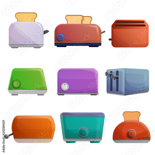 Toaster icon set. Cartoon set of toaster vector icons for web design