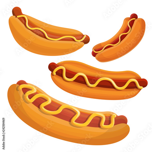 Hot dog icon set. Cartoon set of hot dog vector icons for web design