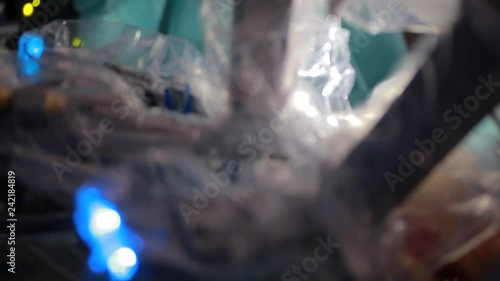 Surgical room in hospital with robotic technology equipment, machine arm surgeon in futuristic operation room. Minimal invasive surgical medical robot, bariatric surgery with robotic assisted surgeon