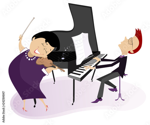 Couple musicians play music on violin and piano isolated illustration. Duet of violinist woman and pianist man isolated illustration
