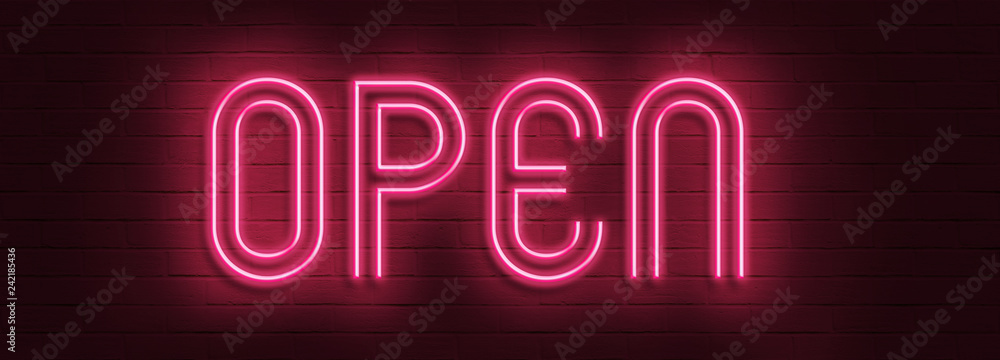 Vintage Glow Signboard with Open Inscription. Shiny Neon Light Style Lettering. Inscription on Red Brick Wall. 3D Rendering - obrazy, fototapety, plakaty 