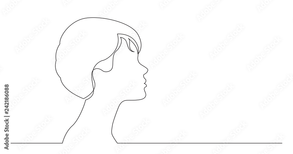 profile portrait of young elegant style woman - continuous line drawing on white background