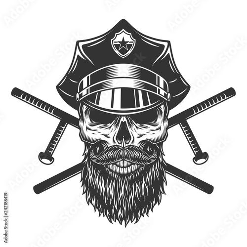 Bearded and mustached policeman skull