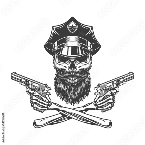 Bearded and mustached police officer skull