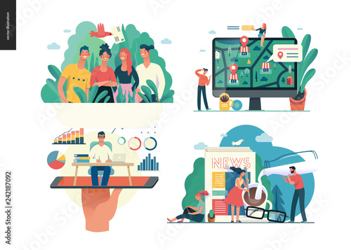 Business series set, color 1 -modern flat vector concept illustrated topics -about company, contact, office life, expert online consulting, news and articles. Creative landing web page design template
