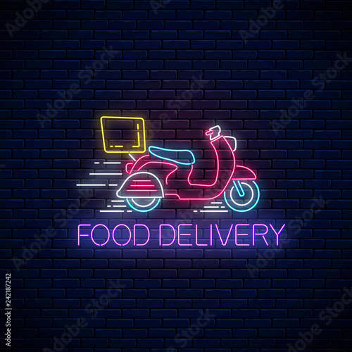 Glowing neon food delivery sign with delivering scooter. Fast delivery symbol in neon style.