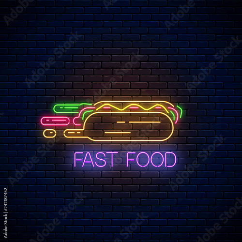 Glowing neon fast food sign with hurrying hot dog. Fast delivery symbol in neon style. Food delivery concept