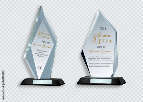 Glass Trophy Awards template. Vector prize isolated on transparent background