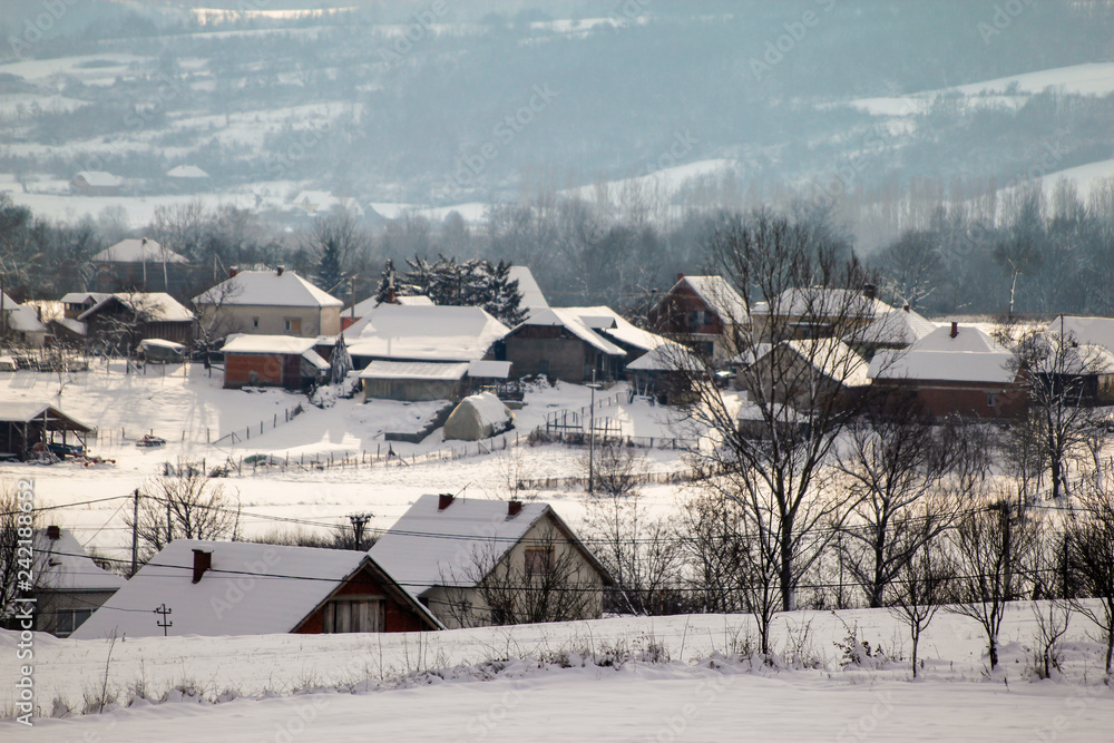 Small village with houses covered with snow. Cloudy winter day.