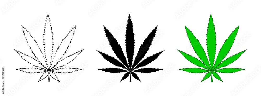 Set of cannabis leaf icon. Outline leaf of cannabis, flat black and green leaf. Marijuana sign. Marijuana logo, line style. Template for medical cannabis or cannabis oil. Vector illustration Set of cannabis leaf icon. Outline leaf of cannabis, flat black and green leaf. Marijuana sign. Marijuana logo, line style. Template for medical cannabis or cannabis oil. Vector illustration