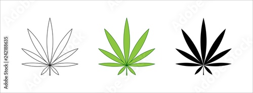 Set of cannabis leaf icon. Outline leaf of cannabis  flat black and green leaf. Marijuana sign. Marijuana logo  line style. Template for medical cannabis or cannabis oil. Vector illustration