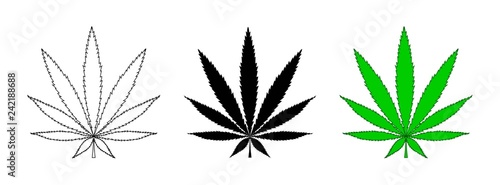 Set of cannabis leaf icon. Outline leaf of cannabis, flat black and green leaf. Marijuana sign. Marijuana logo, line style. Template for medical cannabis or cannabis oil. Vector illustration