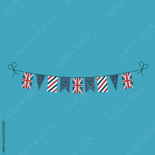 Decorations bunting flags for United Kingdom national day holiday in flat design. Independence day or National day holiday concept.