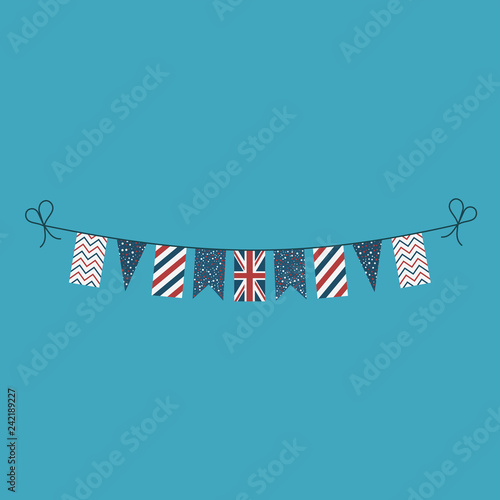 Decorations bunting flags for United Kingdom national day holiday in flat design. Independence day or National day holiday concept.