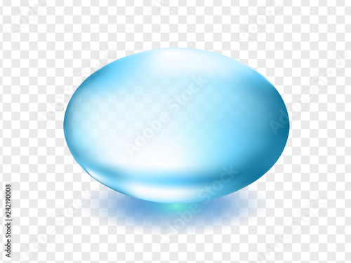 Blue shiny capsule with mineral oils and vitamins. Glossy oval bubble isolated on transparent background.