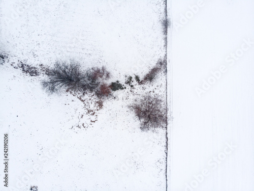 Winter landscape of frosted fields covered with snow