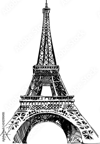 Modern vector illustration of Eiffel Tower. Black and white vector illustration. Romantic symbol in France. Paris sketched image. Sightseeing concept. Eiffel Tower landmark.